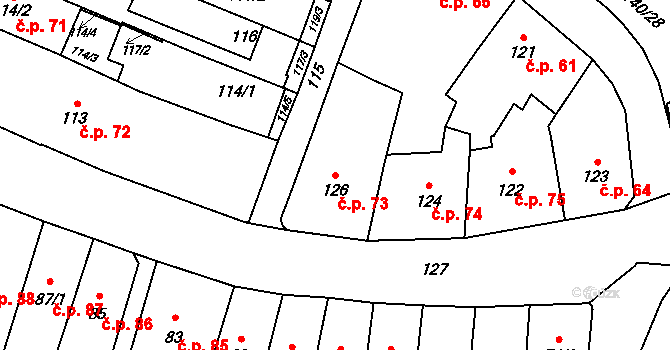 Fryštát 73, Karviná na parcele st. 126 v KÚ Karviná-město, Katastrální mapa