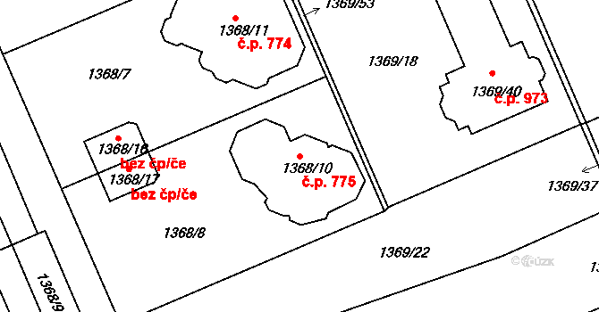Černice 775, Plzeň na parcele st. 1368/10 v KÚ Bručná, Katastrální mapa