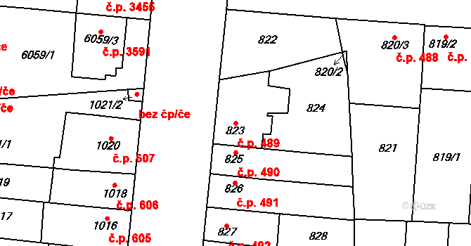 Prostějov 489 na parcele st. 823 v KÚ Prostějov, Katastrální mapa