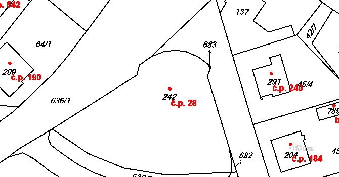 Přední Ptákovice 28, Strakonice na parcele st. 242 v KÚ Přední Ptákovice, Katastrální mapa