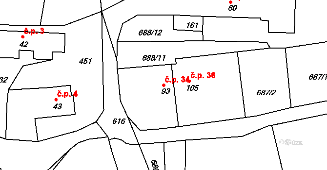 Obora u Cerhonic 34, Cerhonice na parcele st. 93 v KÚ Cerhonice, Katastrální mapa