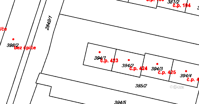 Velké Meziříčí 423 na parcele st. 394/1 v KÚ Velké Meziříčí, Katastrální mapa
