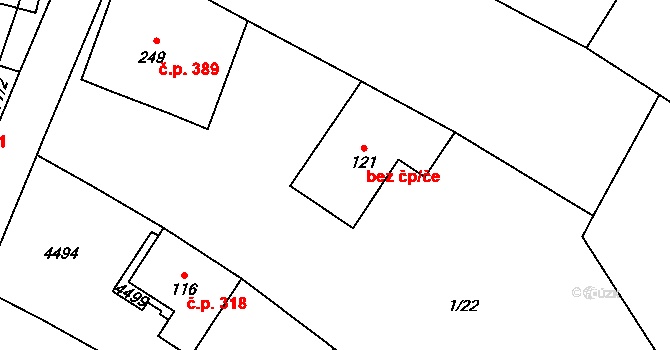 Hostěradice 43488277 na parcele st. 121 v KÚ Míšovice, Katastrální mapa