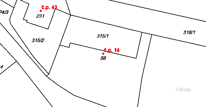 Janov 14, Roudná na parcele st. 56 v KÚ Roudná nad Lužnicí, Katastrální mapa