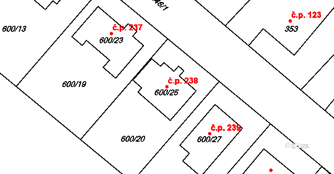 Šumná 238 na parcele st. 600/25 v KÚ Šumná, Katastrální mapa