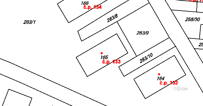 Loučovice 133 na parcele st. 165 v KÚ Loučovice, Katastrální mapa