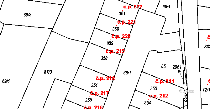 Drysice 219 na parcele st. 358 v KÚ Drysice, Katastrální mapa