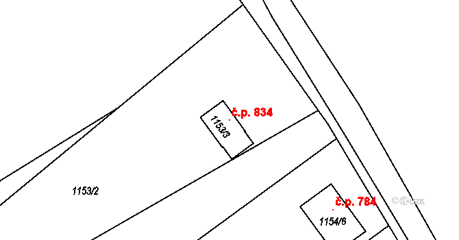 Rapotín 834 na parcele st. 1153/3 v KÚ Rapotín, Katastrální mapa