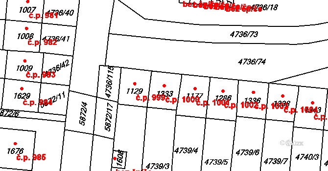 Hrušovany nad Jevišovkou 1000 na parcele st. 1333 v KÚ Hrušovany nad Jevišovkou, Katastrální mapa