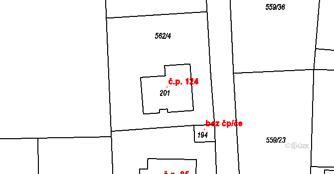 Vinařice 124 na parcele st. 201 v KÚ Vinařice u Loun, Katastrální mapa
