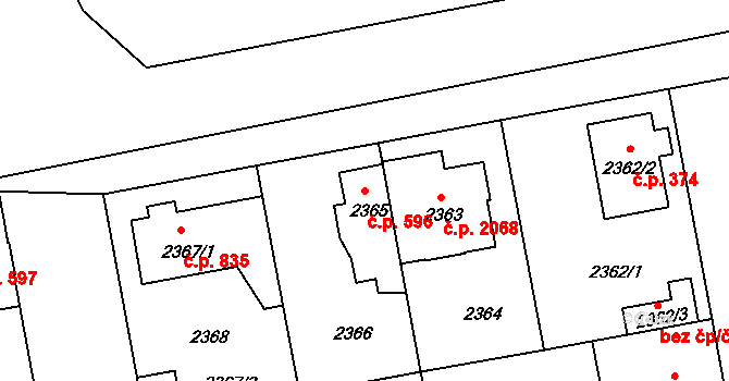 Čelákovice 596 na parcele st. 2365 v KÚ Čelákovice, Katastrální mapa