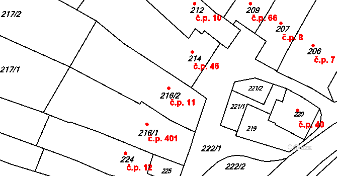 Popůvky 11 na parcele st. 216/2 v KÚ Popůvky u Brna, Katastrální mapa