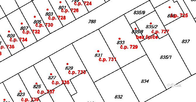 Ivanovice na Hané 731 na parcele st. 831 v KÚ Ivanovice na Hané, Katastrální mapa