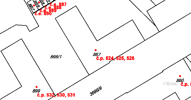 Vyškov-Předměstí 524,525,526, Vyškov na parcele st. 867 v KÚ Vyškov, Katastrální mapa