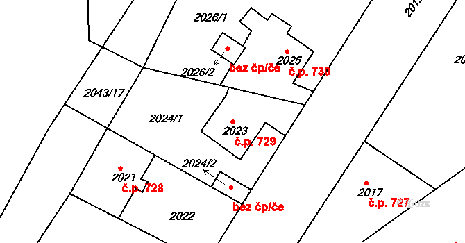 Pod Cvilínem 729, Krnov na parcele st. 2023 v KÚ Opavské Předměstí, Katastrální mapa