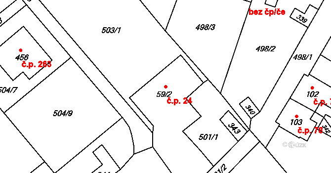 Černožice 24 na parcele st. 59/2 v KÚ Černožice nad Labem, Katastrální mapa
