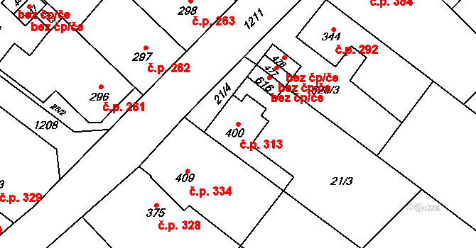 Senice na Hané 313 na parcele st. 400/1 v KÚ Senice na Hané, Katastrální mapa