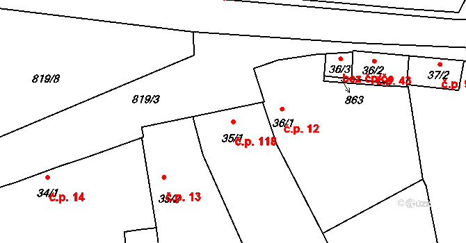 Pištín 118 na parcele st. 35/1 v KÚ Pištín, Katastrální mapa