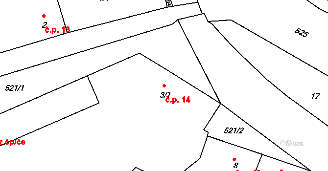 Hradčany 14, Hradčany-Kobeřice na parcele st. 3/1 v KÚ Hradčany u Prostějova, Katastrální mapa