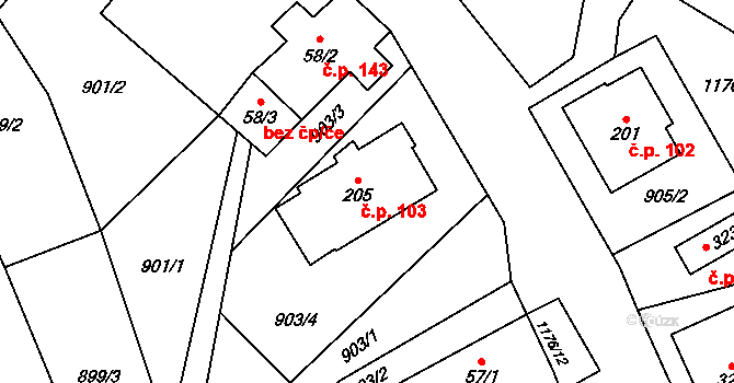 Horní Pěna 103 na parcele st. 205 v KÚ Horní Pěna, Katastrální mapa