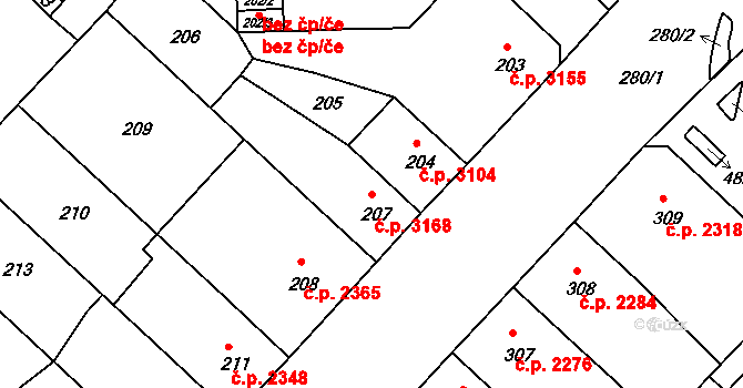 Chomutov 3168 na parcele st. 207 v KÚ Chomutov II, Katastrální mapa