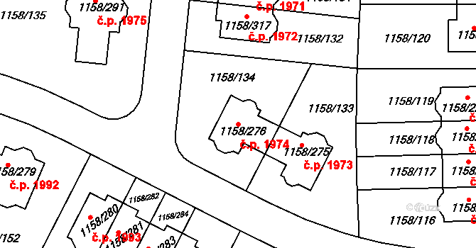 Hostivice 1974 na parcele st. 1158/276 v KÚ Hostivice, Katastrální mapa