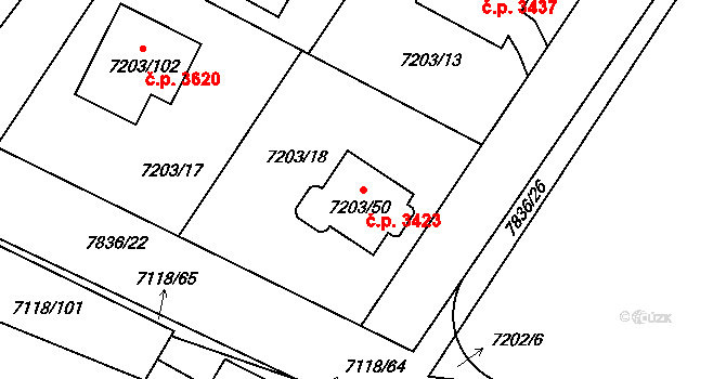 Mělník 3423 na parcele st. 7203/50 v KÚ Mělník, Katastrální mapa