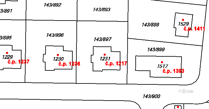 Jesenice 1217 na parcele st. 1231 v KÚ Jesenice u Prahy, Katastrální mapa