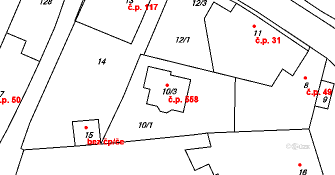 Jarošov 558, Uherské Hradiště na parcele st. 10/3 v KÚ Jarošov u Uherského Hradiště, Katastrální mapa