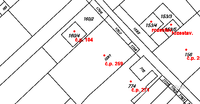 Kobeřice u Brna 259 na parcele st. 158/1 v KÚ Kobeřice u Brna, Katastrální mapa