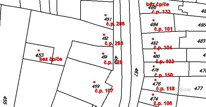 Hrušky 128 na parcele st. 458 v KÚ Hrušky u Brna, Katastrální mapa