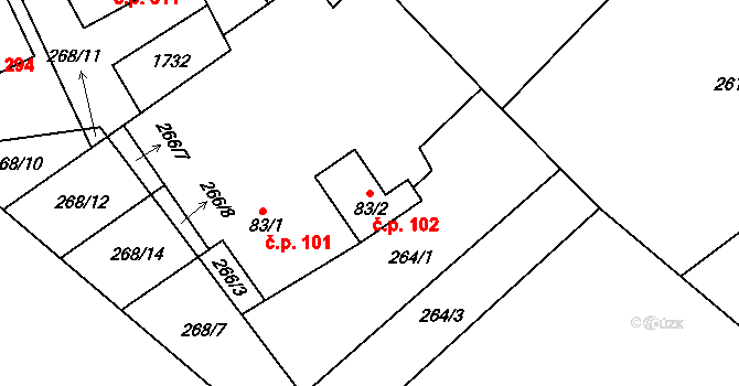 Rosice 102 na parcele st. 83/2 v KÚ Rosice u Chrasti, Katastrální mapa