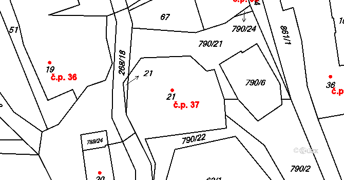 Vlkanov 37 na parcele st. 21 v KÚ Vlkanov u Nového Kramolína, Katastrální mapa