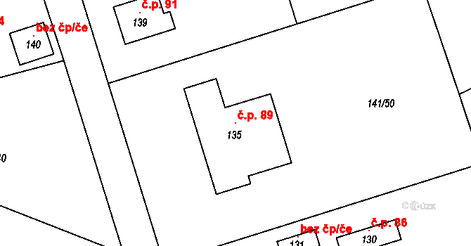 Podbrdy 89 na parcele st. 135 v KÚ Podbrdy, Katastrální mapa