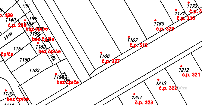 Hrušky 327 na parcele st. 1166 v KÚ Hrušky, Katastrální mapa