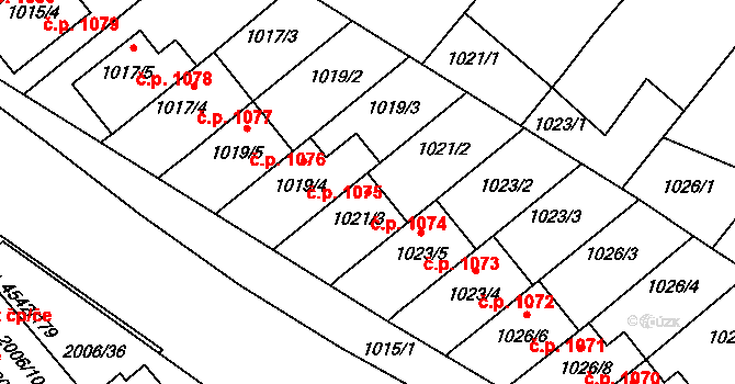 Hustopeče 1074 na parcele st. 1021/3 v KÚ Hustopeče u Brna, Katastrální mapa