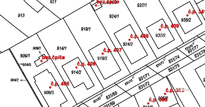 Zdounky 407 na parcele st. 919/2 v KÚ Zdounky, Katastrální mapa