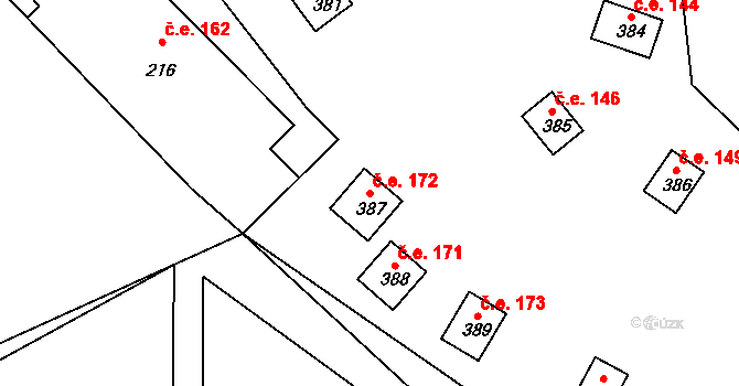 Maxov 172, Radvanec na parcele st. 387 v KÚ Radvanec, Katastrální mapa