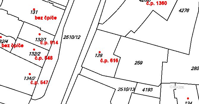 Kyjov 616 na parcele st. 128 v KÚ Kyjov, Katastrální mapa