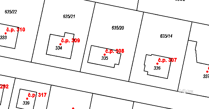 Předměřice nad Labem 308 na parcele st. 335 v KÚ Předměřice nad Labem, Katastrální mapa