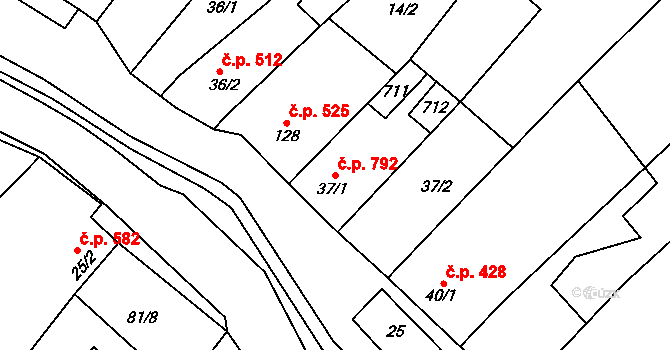 Chvalčov 792 na parcele st. 37/1 v KÚ Chvalčova Lhota, Katastrální mapa