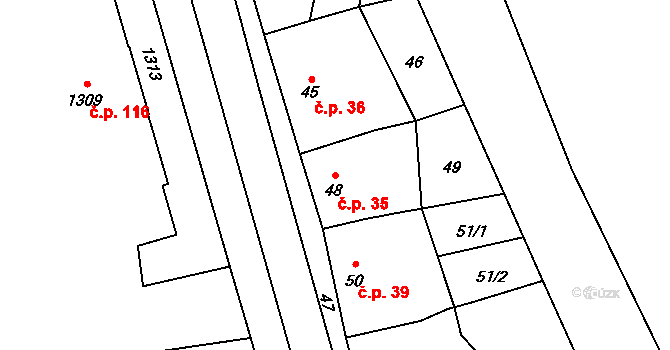 Hlubočky 35 na parcele st. 48 v KÚ Hlubočky, Katastrální mapa