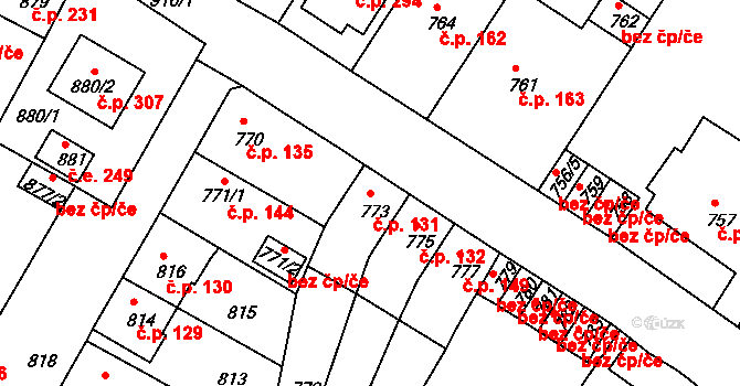 Bystřany 131 na parcele st. 773 v KÚ Bystřany, Katastrální mapa