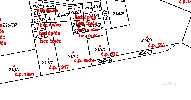 Teplice 527 na parcele st. 213/1 v KÚ Teplice, Katastrální mapa