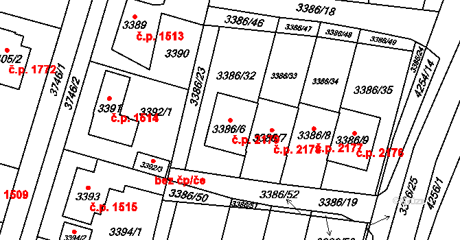 Horní Počernice 2179, Praha na parcele st. 3386/6 v KÚ Horní Počernice, Katastrální mapa