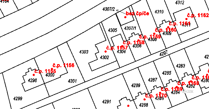 Záběhlice 1157, Praha na parcele st. 4302 v KÚ Záběhlice, Katastrální mapa