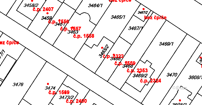 Strašnice 2322, Praha na parcele st. 3465/2 v KÚ Strašnice, Katastrální mapa