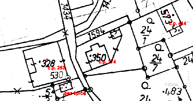 Jeřmanice 274 na parcele st. 350 v KÚ Jeřmanice, Katastrální mapa