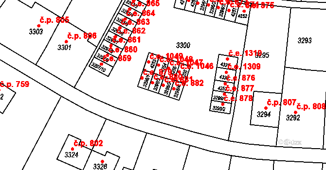 Kuřim 881 na parcele st. 3298/3 v KÚ Kuřim, Katastrální mapa
