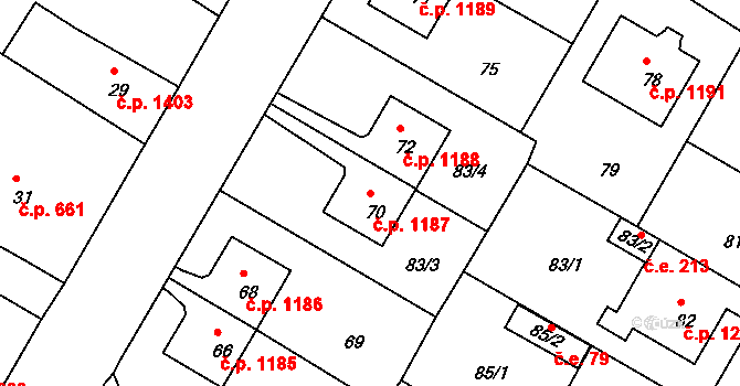 Rumburk 1 1187, Rumburk na parcele st. 70 v KÚ Rumburk, Katastrální mapa